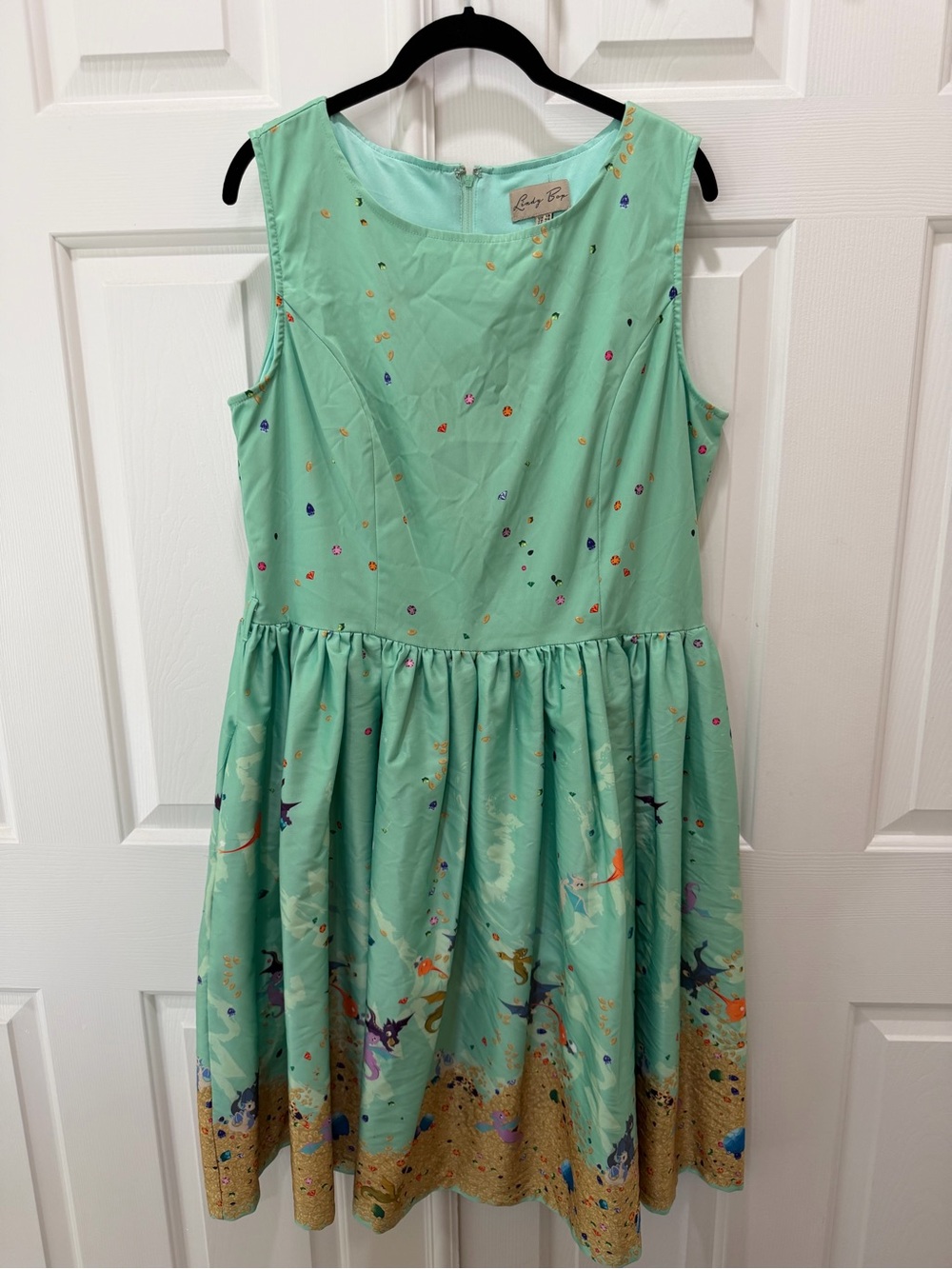 Lindy Bop Seafoam Green Sleeveless A-Line Dress with Dragon Treasure Print